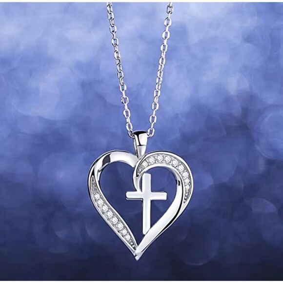 Sentimental Silver Cz Diamond Pave Sparkling Heart Cross Necklace - Picture 9 of 16